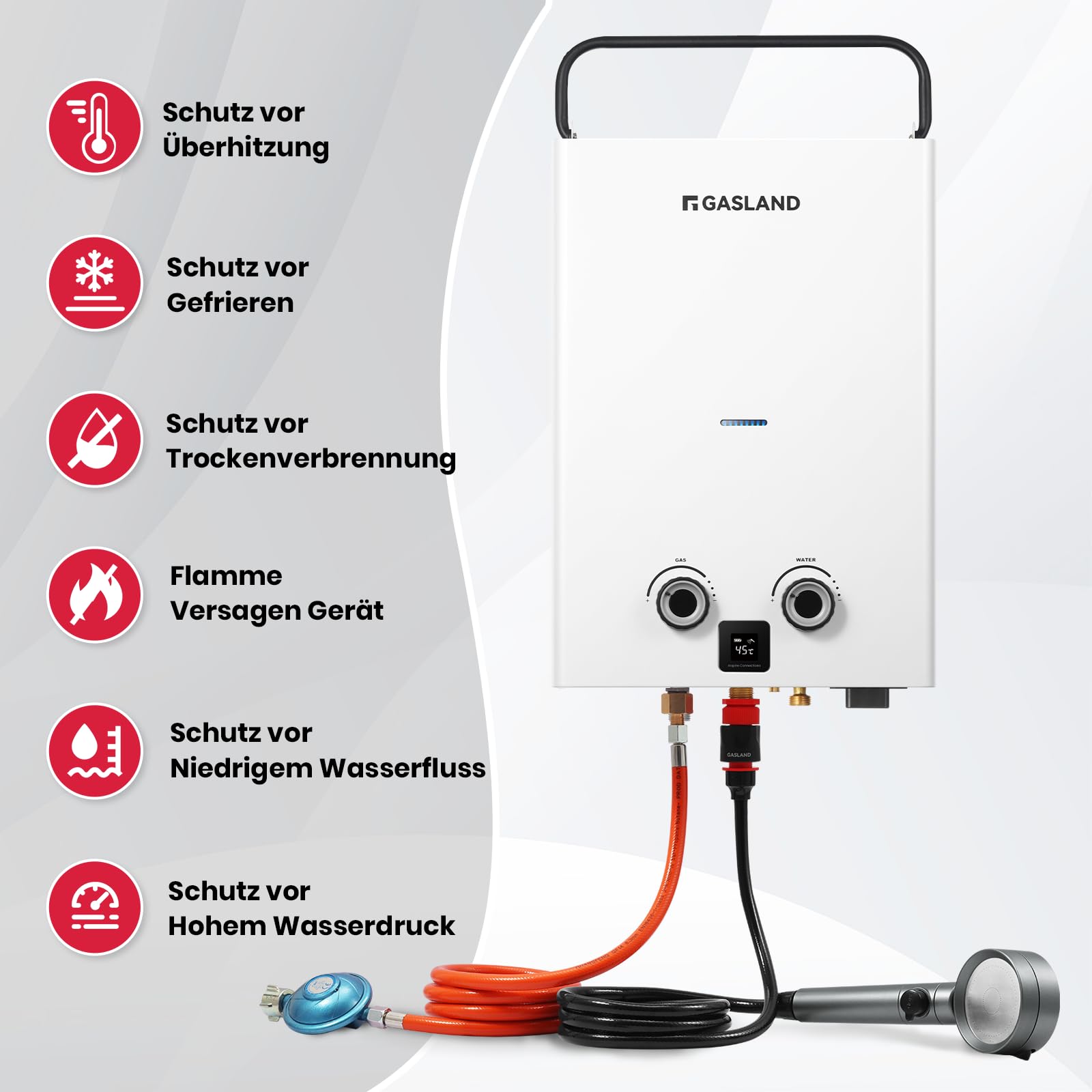 GASLAND Go Shower Series Durchlauferhitzer G10, ultraschlanker tragbarer 10 Liter Gas Warmwasserbereiter für den Außenbereich, Butan (50mbar)/Propan (50mbar), für Camping, Wohnmobil, Scheune