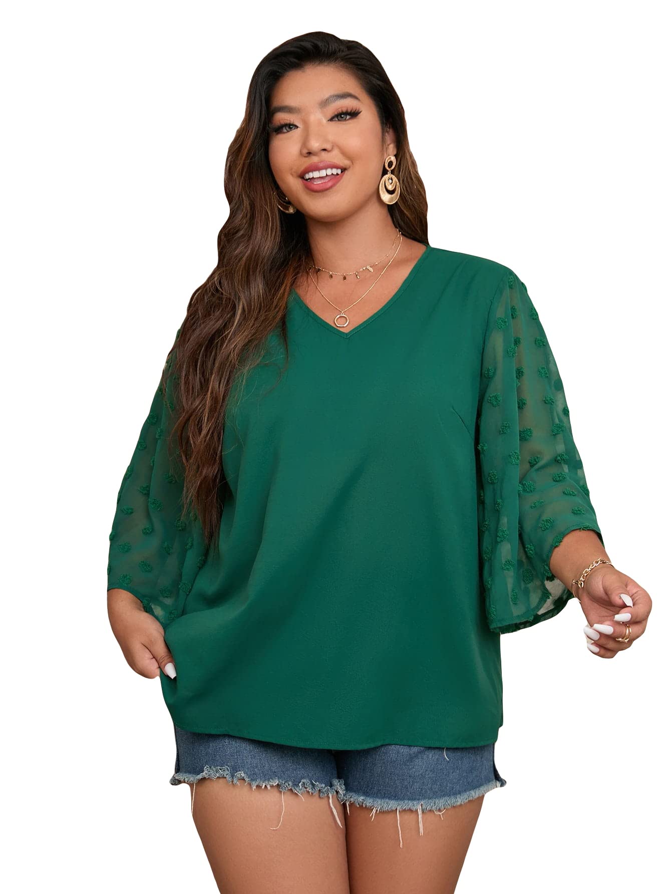 GORGLITTERWomen's Plus Size Casual Contrast Mesh Swiss Dot Tops V Neck 3/4 Sleeve Blouses