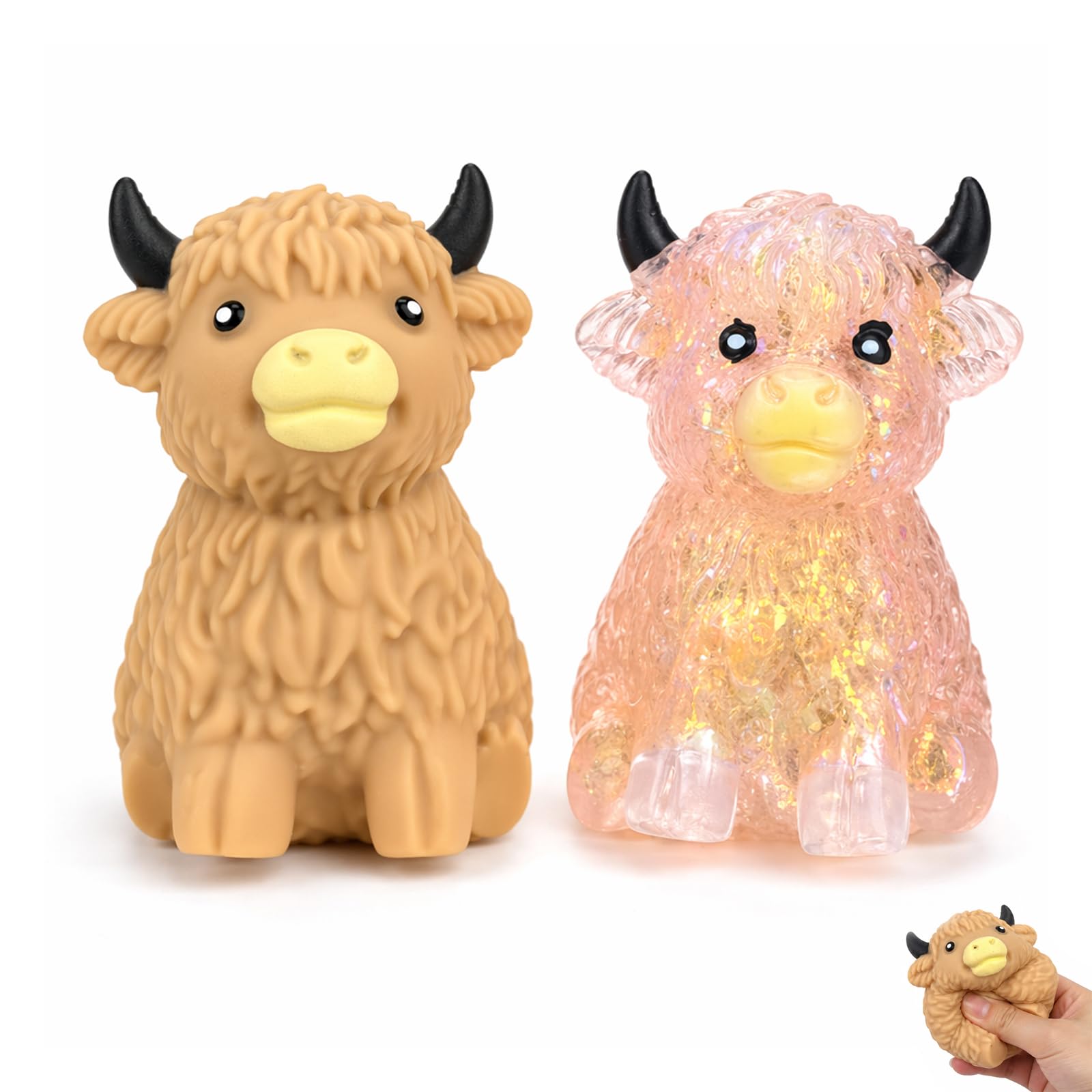 2 Pack Highland Cow Squishy Animal Squishys Light Yellow Cow And Maltose Orange Black Horn Soft Gentle For Desk Office Home Travel