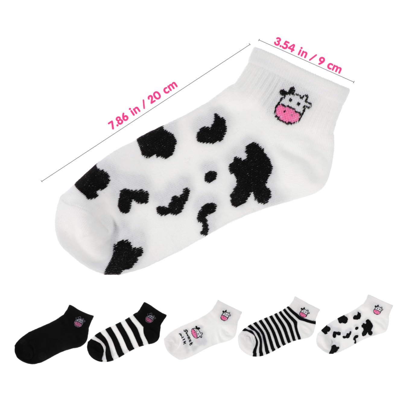 Calcetines de Vaca de Dibujos Animados 5 Pares, Algodón, Tobilleros | Negro y Blanco, para Adolescentes y Niños, Transpirables y Cómodos, Decoracion Verano
