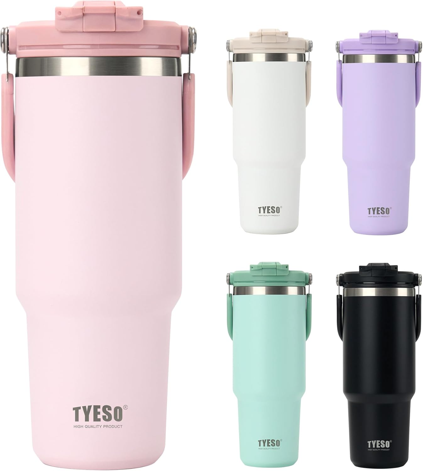TYESO Tumbler with Flip Straw & Sip Lid, Vacuum Insulated Water Bottle, Double Wall Stainless Steel Coffee Cup Travel Mug Leak Proof (PINK, 30 OZ)