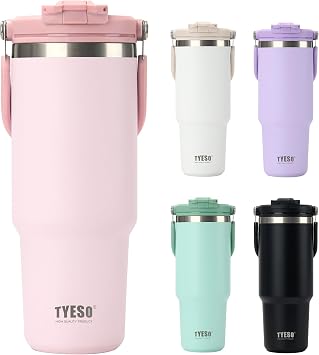 TYESO Tumbler with Flip Straw & Sip Lid, Vacuum Insulated Water Bottle, Double Wall Stainless Steel Coffee Cup Travel Mug Leak Proof PINK, 30 OZ