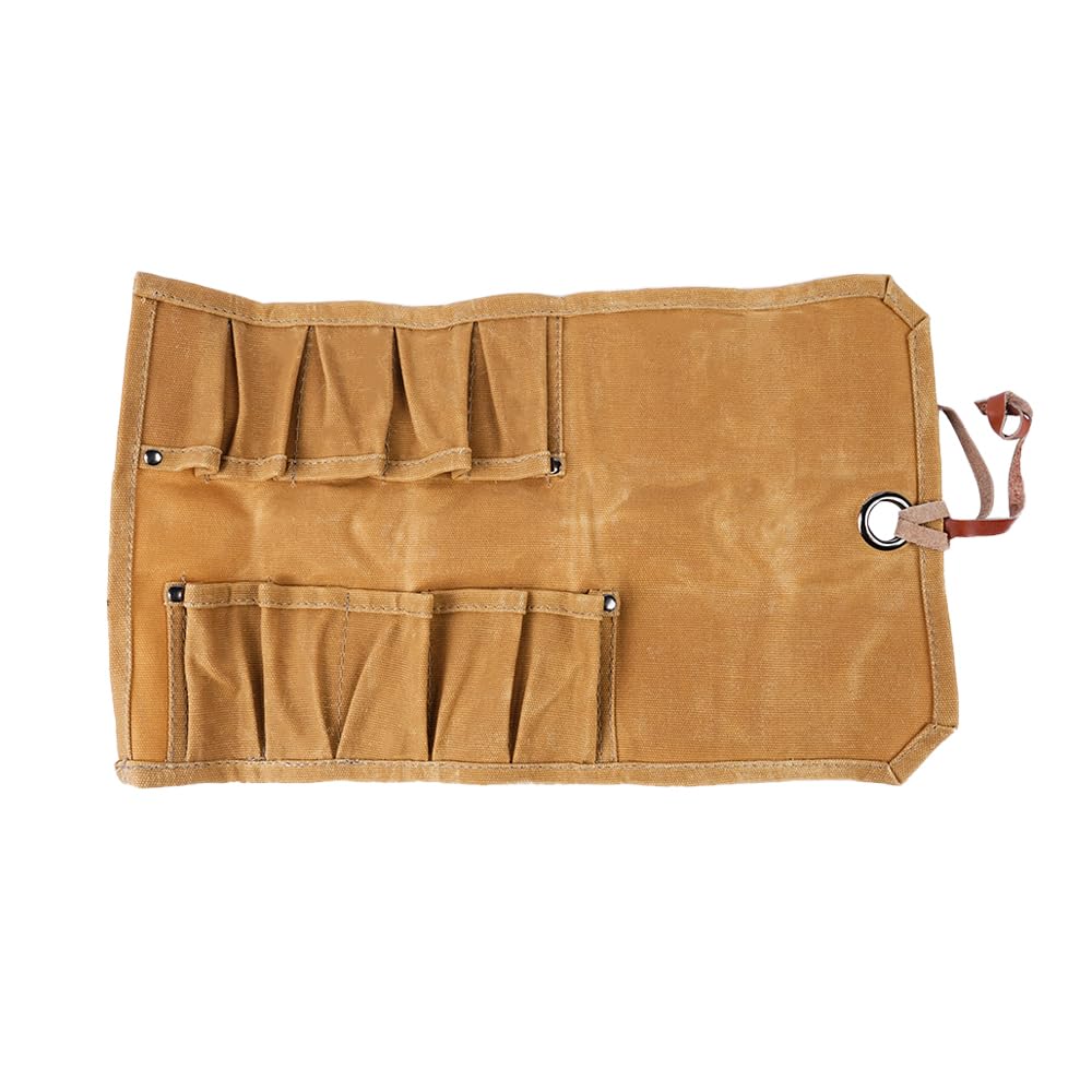 Ieron Waxed Canvas Roll-Up Pouch, 10-Pocket Hand Tools Organizer, Portable Screwdriver & Wrench Storage Bag
