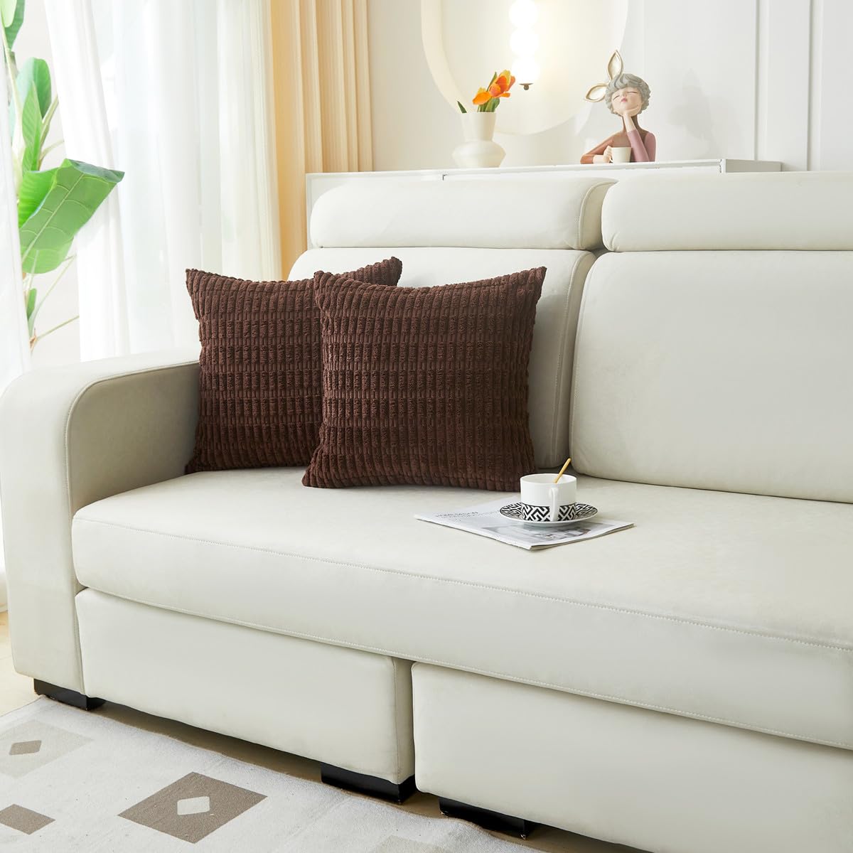 Sunday Praise 2 Packs Dark Brown Decorative Throw Pillow Covers 18x18 Inch Soft Corduroy Striped Boho Pillow Cases Square Cushion Covers for Couch Sofa Bed Farmhouse Home Décor