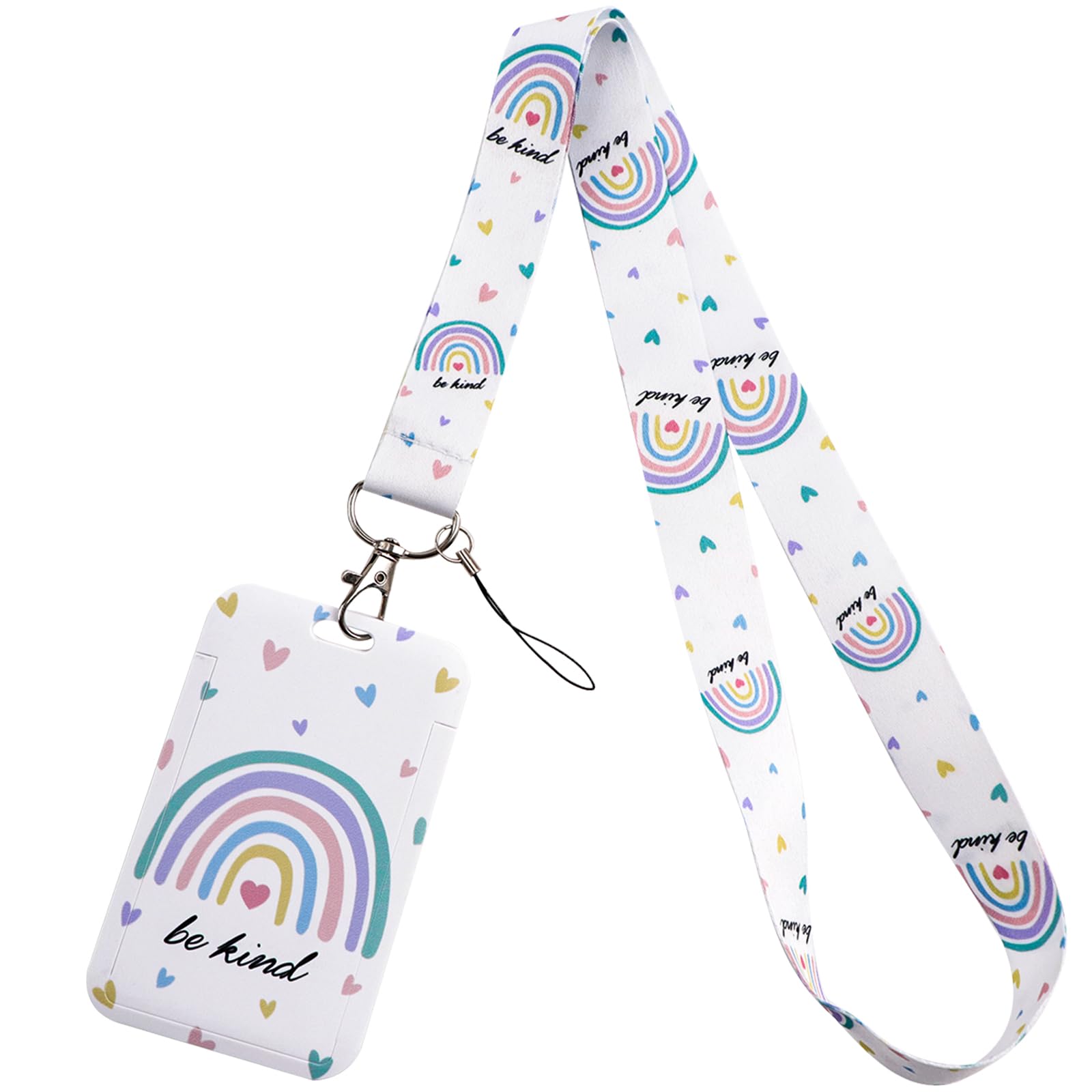 Cute Rainbow Card Holder Lanyard for Keys & ID Badge Be Kind for Work & Preppy School ID Love Heart Keychain Lanyard ID Holder for Women Girls Kids Nurses Teachers(White) — image 1