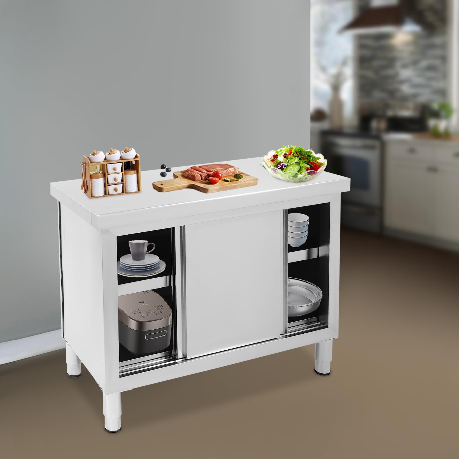 Mesa de trabajo de cocina, mesa de acero inoxidable para preparar con puertas correderas, armarios de trabajo de acero inoxidable para cocinas, garajes, jardines, bares, dos tamaños disponibles (100 x