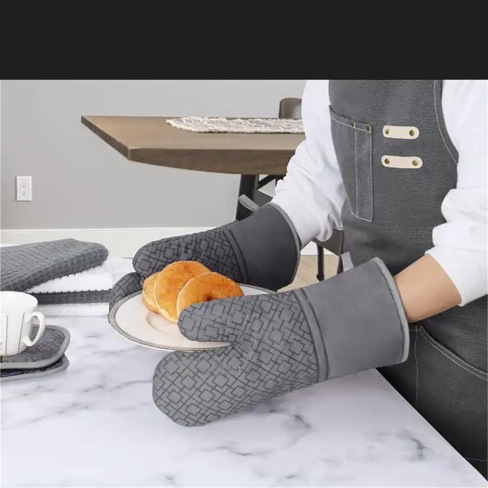 Ofenhandschuhe und Topflappen-Set, 6-teilig, Küchenofenhandschuh, hochhitzebeständig, 550 Grad, extra Lange Topflappen