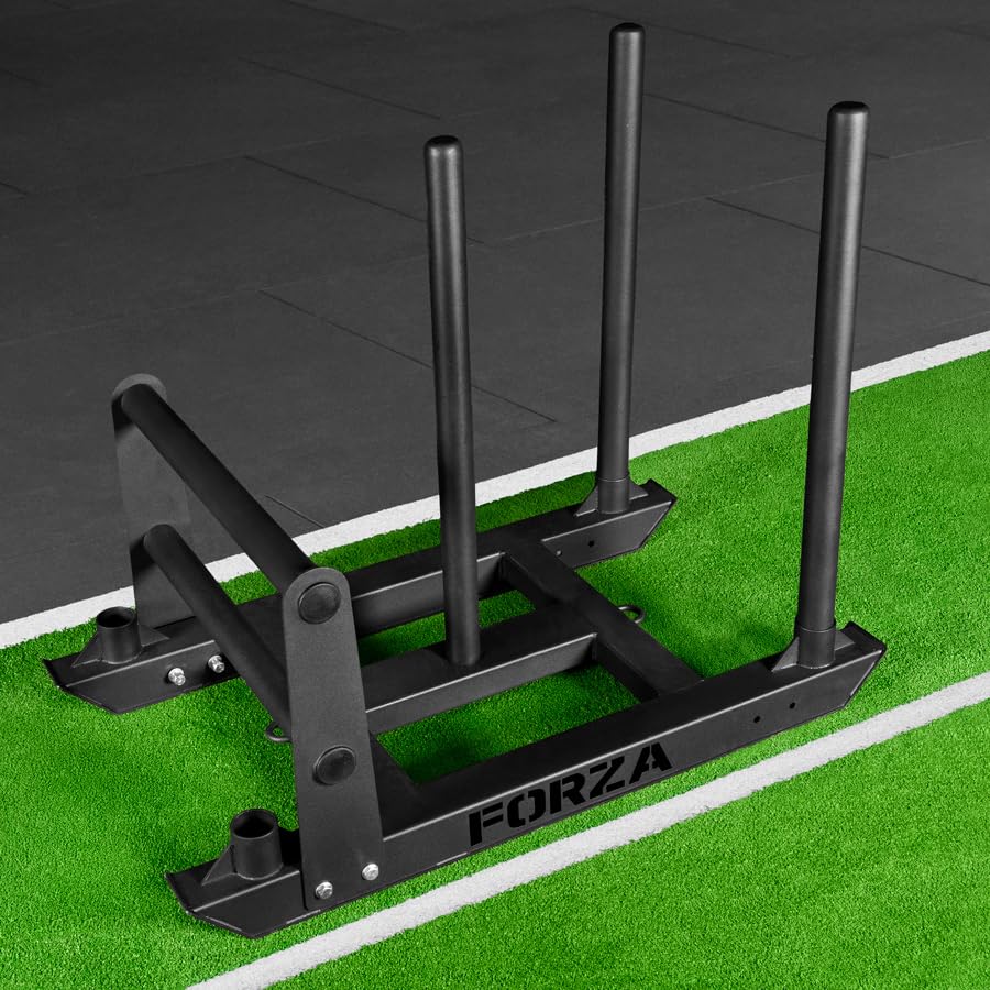 FORZA Trineo de peso de competición | Trineo de acero resistente para gimnasio y entrenamiento HYROX - Montantes extraíbles y accesorio opcional de doble mango (con accesorio de doble asa)