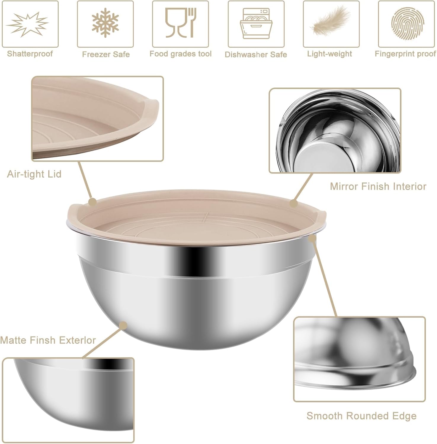 Mixing Bowls Set, 25PCS Khaki Mixing Bowls With Lids Set Stainless Steel Kitchen Large Nesting Metal Bowl 7QT to 1.5QT, Measuring Cups and Spoons for Prepping Cooking Serving - Image 5