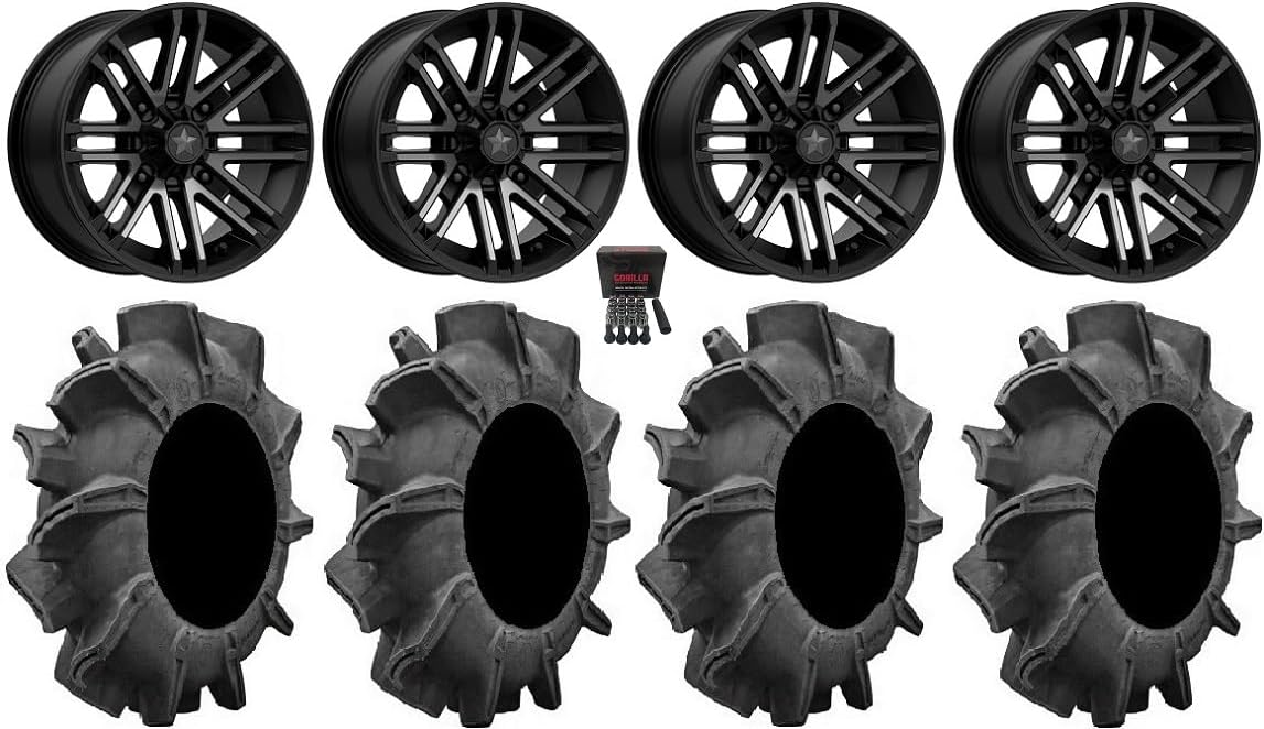 Bundle - 9 Items: MSA Black Rogue 14" UTV Wheels 32" Assassinator Tires [4x110 Bolt Pattern 12mmx1.25 Lug Kit]