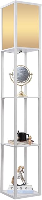 Greensen Floor Lamp with Shelves, 3 Layers Wooden Shelf Standing Light, White Uplighter Floor Lamp Shelf Light with 3-Tier Open Shelves, Tall Shelf Floor Lamps for Living Room Office Home Decoration