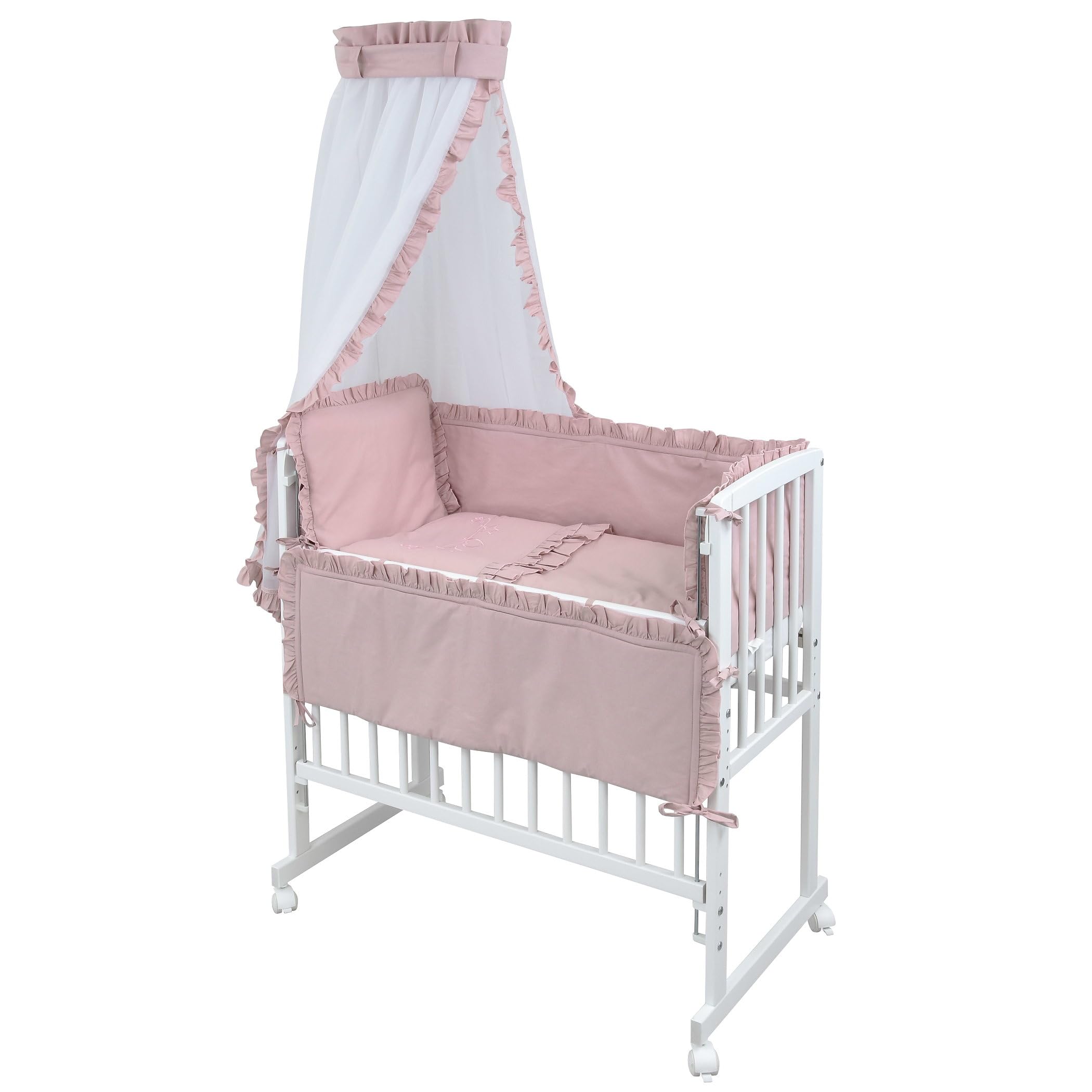 Generisch Baby Delux Beistellbett Babybett Stubenwagen weiß 90x40 mobil mit Rädern inkl. Matratze und Bettwäsche Set mehrteilig (Royal Rosa Rüsche Stickerei)