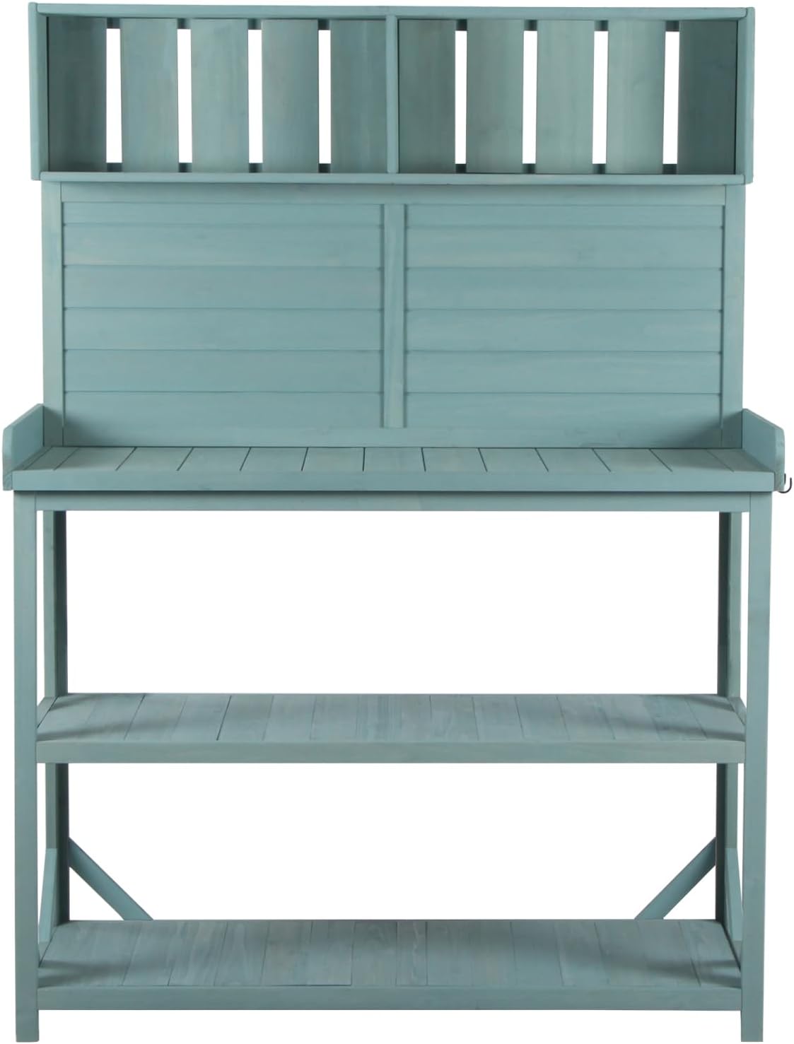 65" Large Wooden Farmhouse Rustic Outdoor Potting Bench Table, Garden Workstation with 4 Storage Shelves and Side Hook