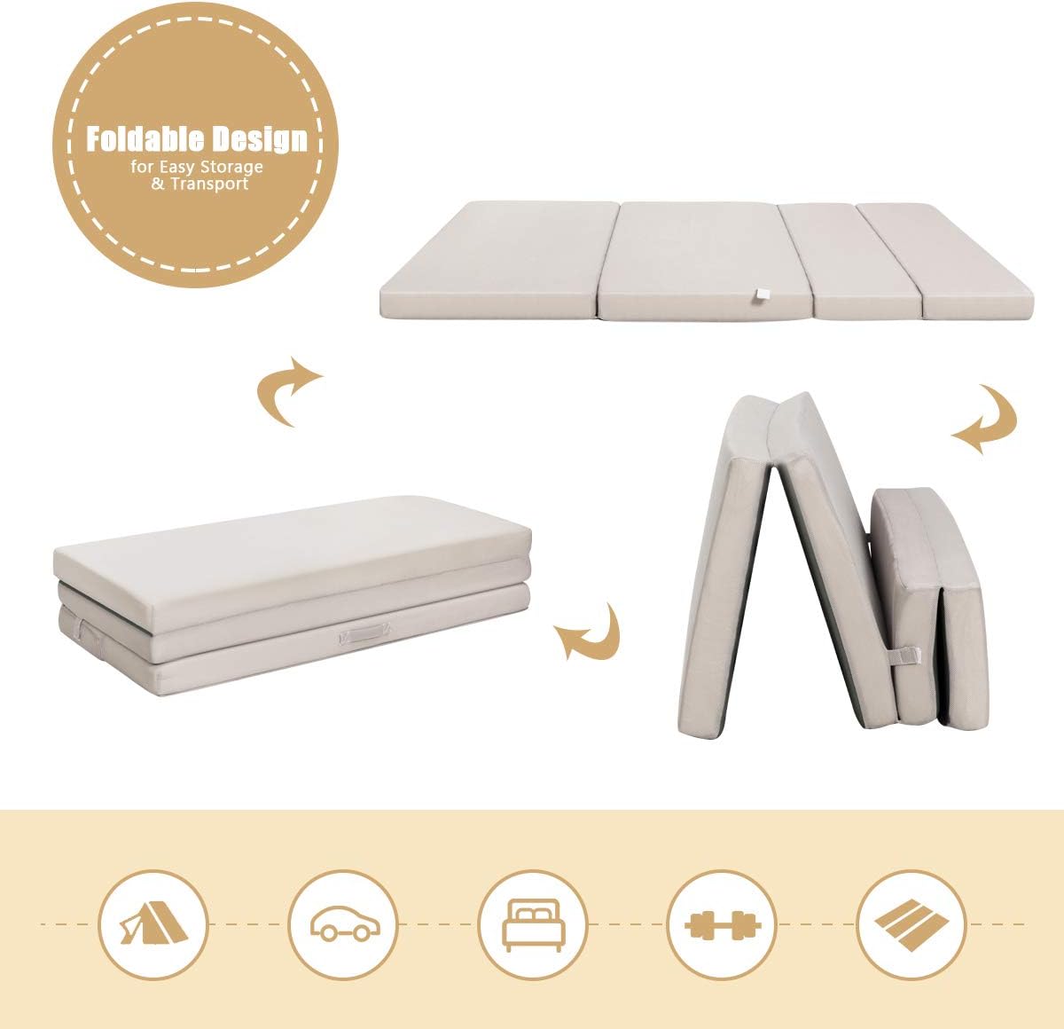 Giantex Tri-Fold Folding Mattress Twin XL - Portable Sofa Bed with Washable Cover & Handles, 4 Inch High-Density Foam Guest Bed for Camping, Sleepovers, Floor Couch for Adults - Grey