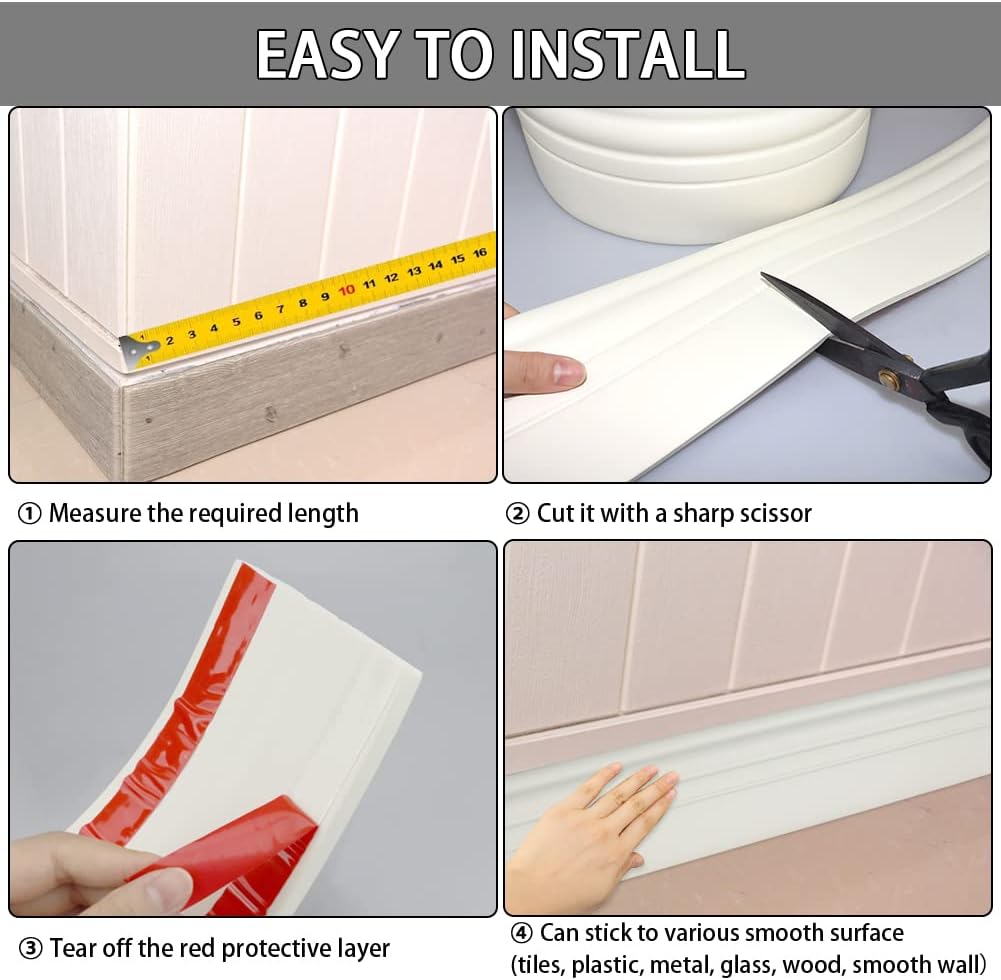 Wall Base Molding Trim Peel and Stick Rubber Baseboard Moulding 4” Wide Flexible Vinyl Wall Cove Base (4" Wide x 16.4' Long, Creamy White)