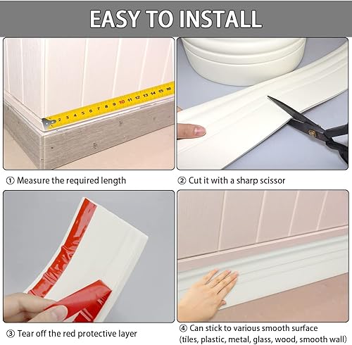 Miniatura 5 de Moldura de Base de Pared Despegar y Pegar Zócalo de Goma Moldura 4" de Ancho Base Cóncava de Vinilo Flexible para Pared (4" de Ancho x 16.4' de