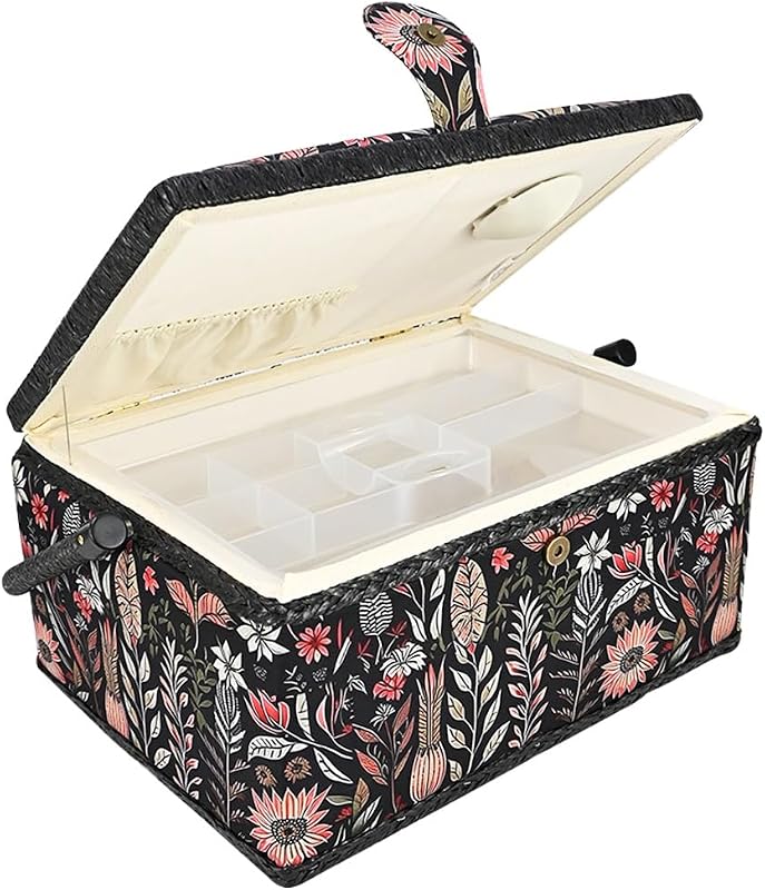 Cesta de costura de madera con estampado negro vintage | Caja de costura vacía con bandeja extraíble, alfiletero incorporado, caja de costura para suministros de costura para principiantes y expertos