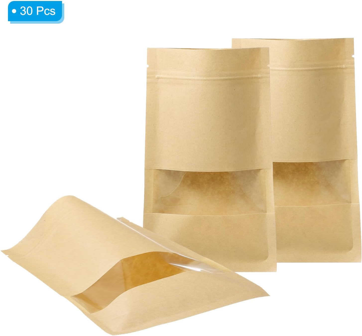 PATIKIL Brown Kraft Pouches, 30 Pack 8x5 Inch Resealable Coffee Bags Plant Saving Envelope with Clear Window Food Storage Bags for Home Business