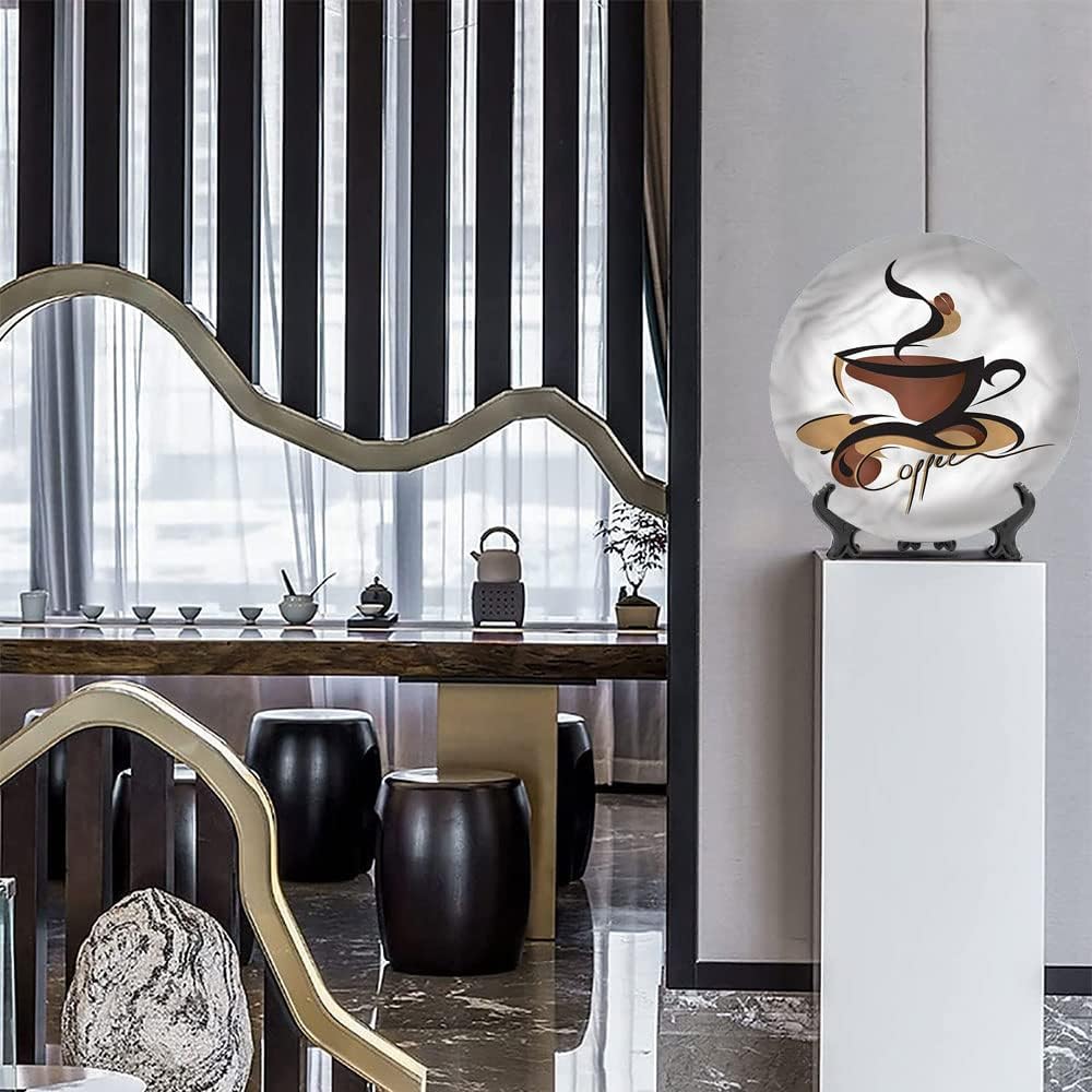 XISUNYA 8 Inch Coffee Pattern Ceramic Hanging Decorative Plate,Conceptual Signs Drink Round Porcelain Ceramic Plate for Dining Table Setting, Wedding Reception Decorations, Christmas Tablescape