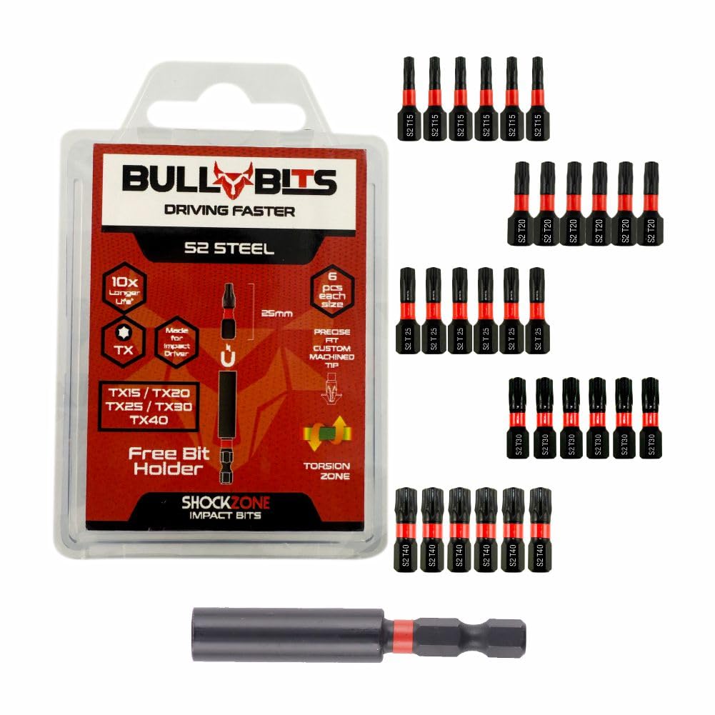 30x Bull Bits 25mm Torx Impact Driver Bits Set T15, T20, T25, T30, T40 x6 Each + 60mm Magnetic Bit Holder, Shock Zone, S2 Steel, Torsion Zone
