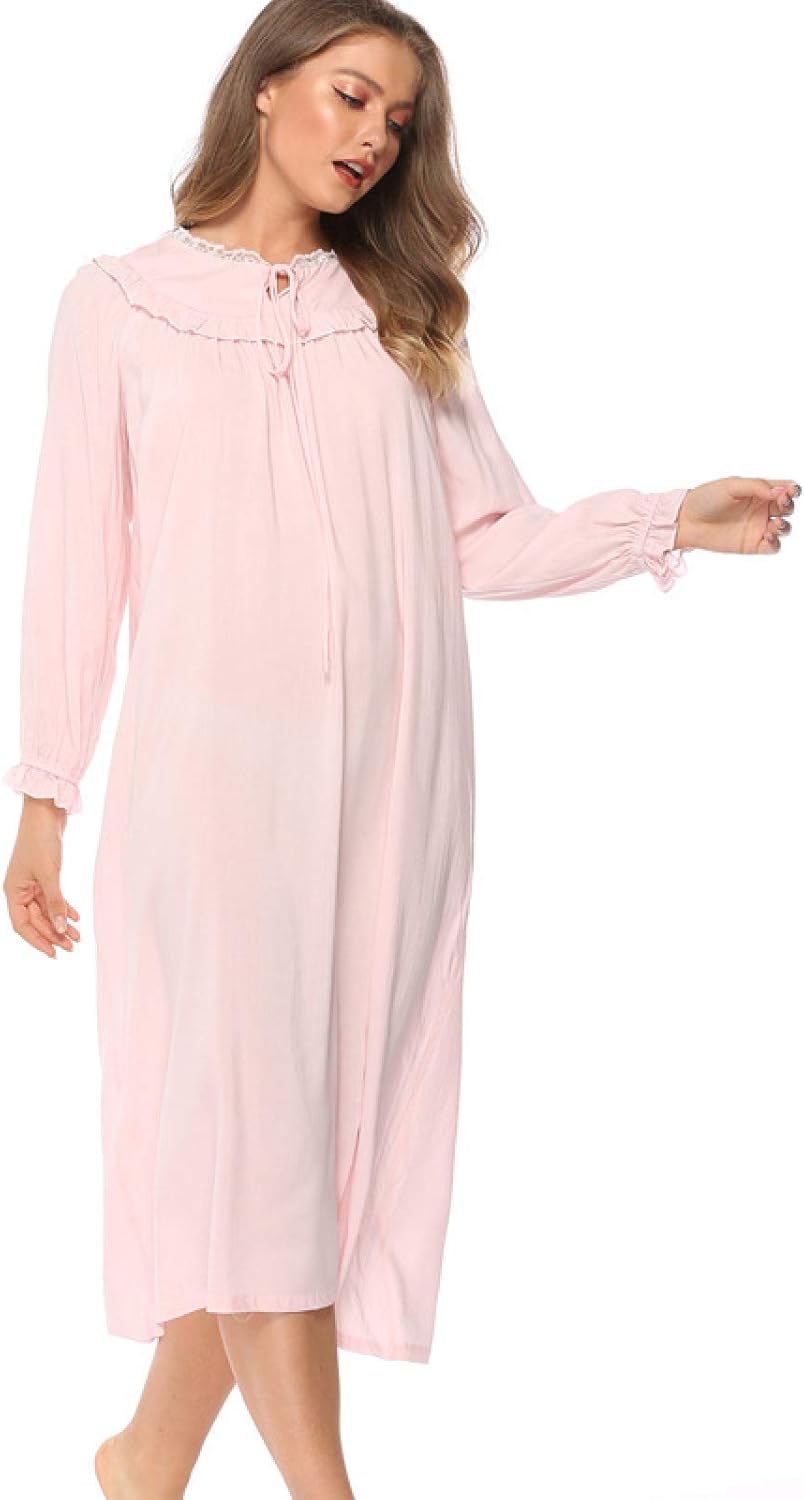OFFSUM Women's Long Sleeve Nightgown - Fashion Cotton Round Neck Lace Dress Spring Summer Casual Nightdress Robe Vintage N