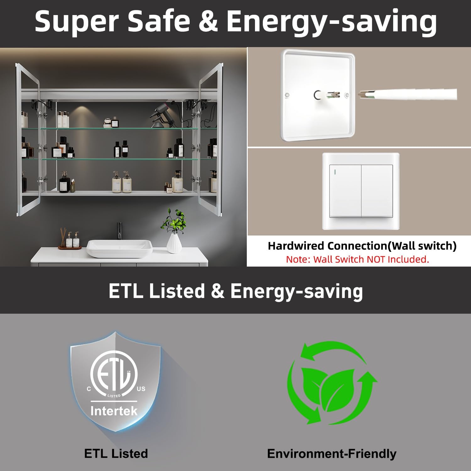 Image showing the hardwired connection for the medicine cabinet, emphasizing the need for a wall switch (not included) and ETL listing for safety.