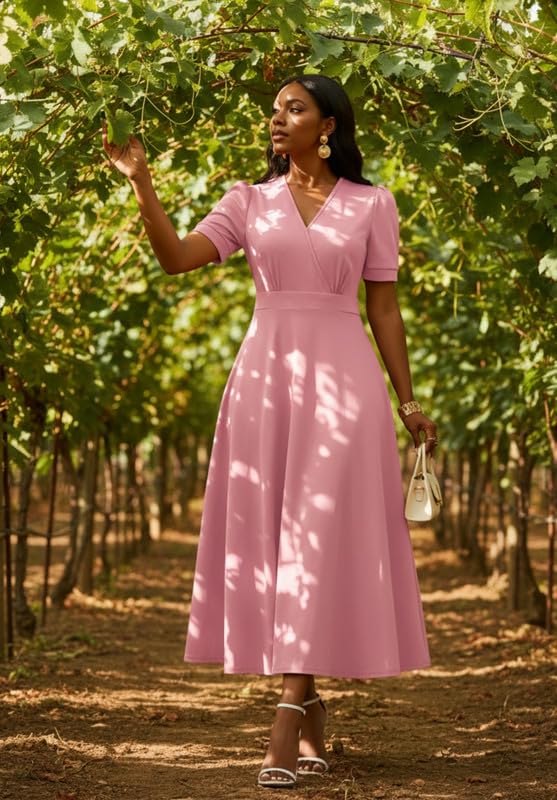 Image of MarryUP Women's Midi Dresses - V Neck Cocktail & Church Tea Dresses - Short Sleeve A-Line Swing Dress