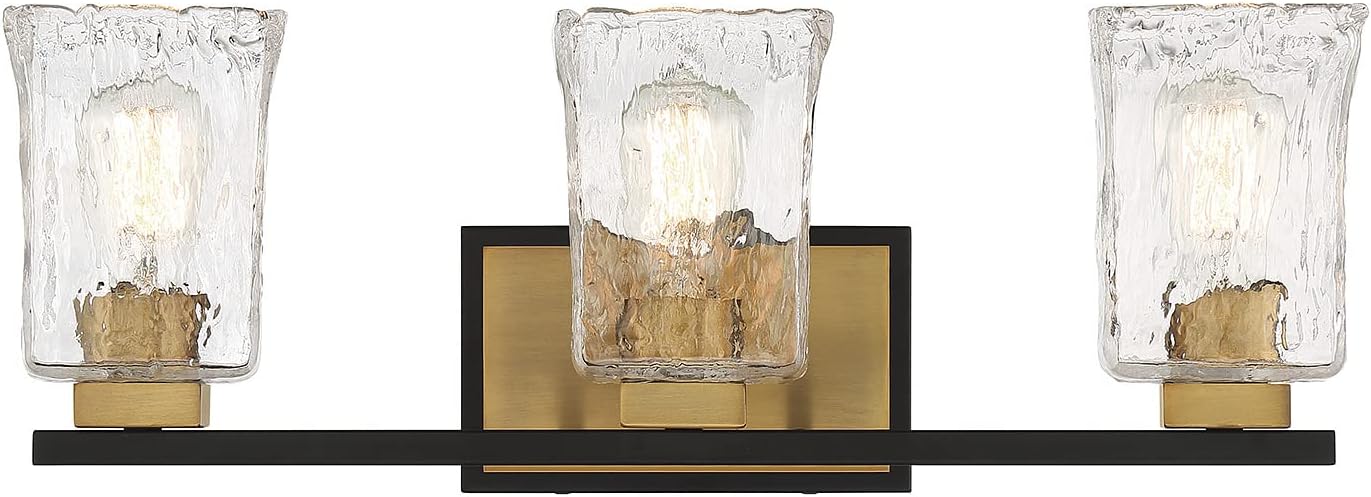 Savoy House 8-1720-3-143 Sidney Traditional Clear Water Piastra Glass Bathroom Vanity, 3-Light 180 Total Watts, 8" H x 23" W, Matte Black & Warm Brass