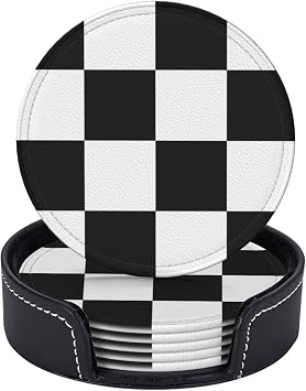 SEPTYK Black White Race Checkered Flag Pattern Coasters for Drinks with Holder Set of 6 Leather Round 4 for Home Kitchen Decor Coffee Cup Housewarming