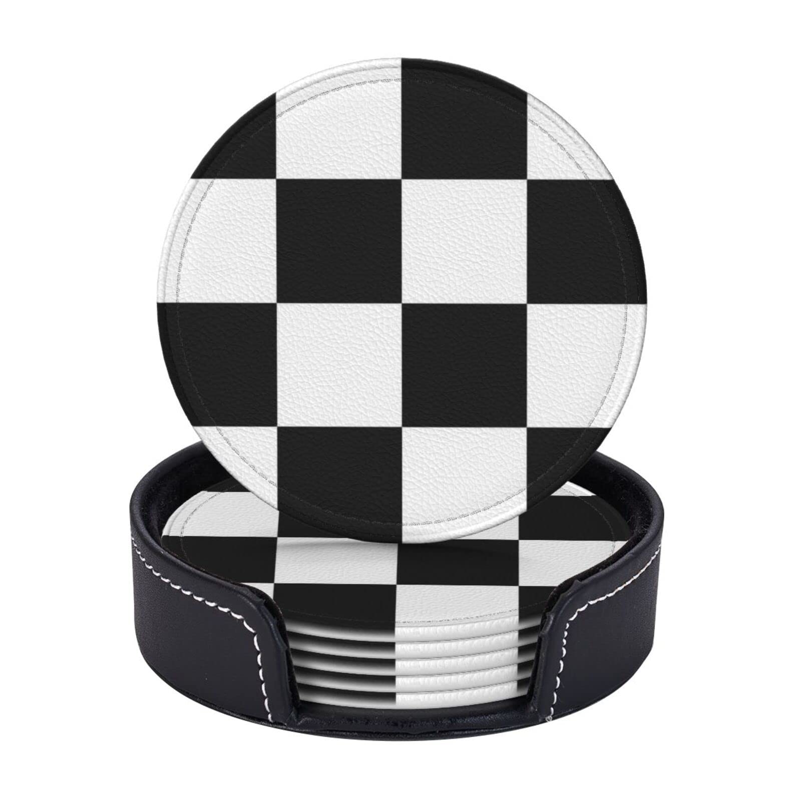 Septyk White Black Race Checkered Flag Pattern Coasters For Drinks With Holder Set Of 6 Leather Round 4" For Home Kitchen Decor Coffee Cup Housewarming