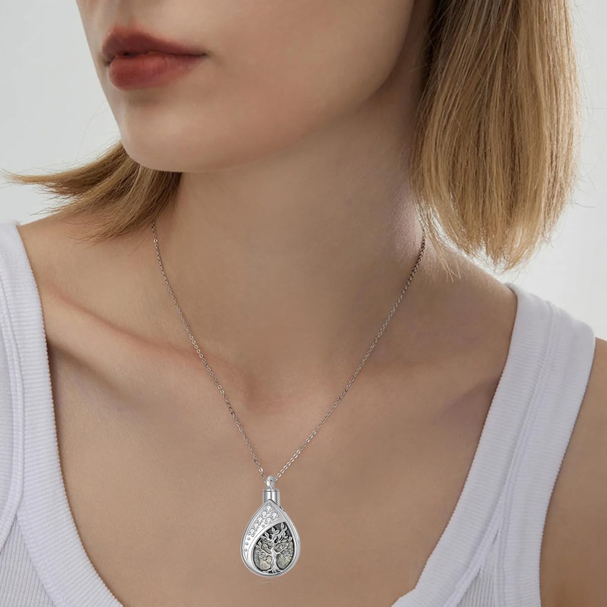 Diamond Tree of Life Urn Necklace for Ashes 925 Sterling Silver Family Tree of Life Keepsake Cremation with Funnel Filler Ash Holder Memorial Jewelry Gifts for Women,18+2 inch