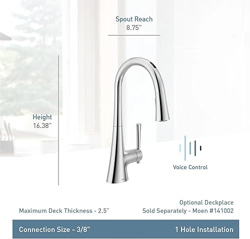 Miniatura 4 de Moen 9126EVNL Kurv - Grifo de cocina inteligente con pulverizador extraíble sin contacto con control de voz y potenciador de potencia, níquel pulido