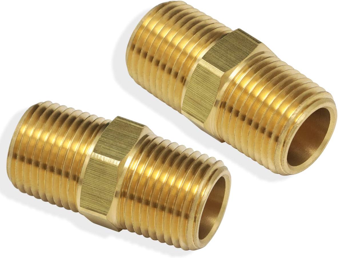 2pcs 3/8" to 3/8" NPT Male Thread Brass Straight Hex Nipple Fast Coupler Pipe Hose Fitting 3/8 inch x 3/8 inch Straight Fitting