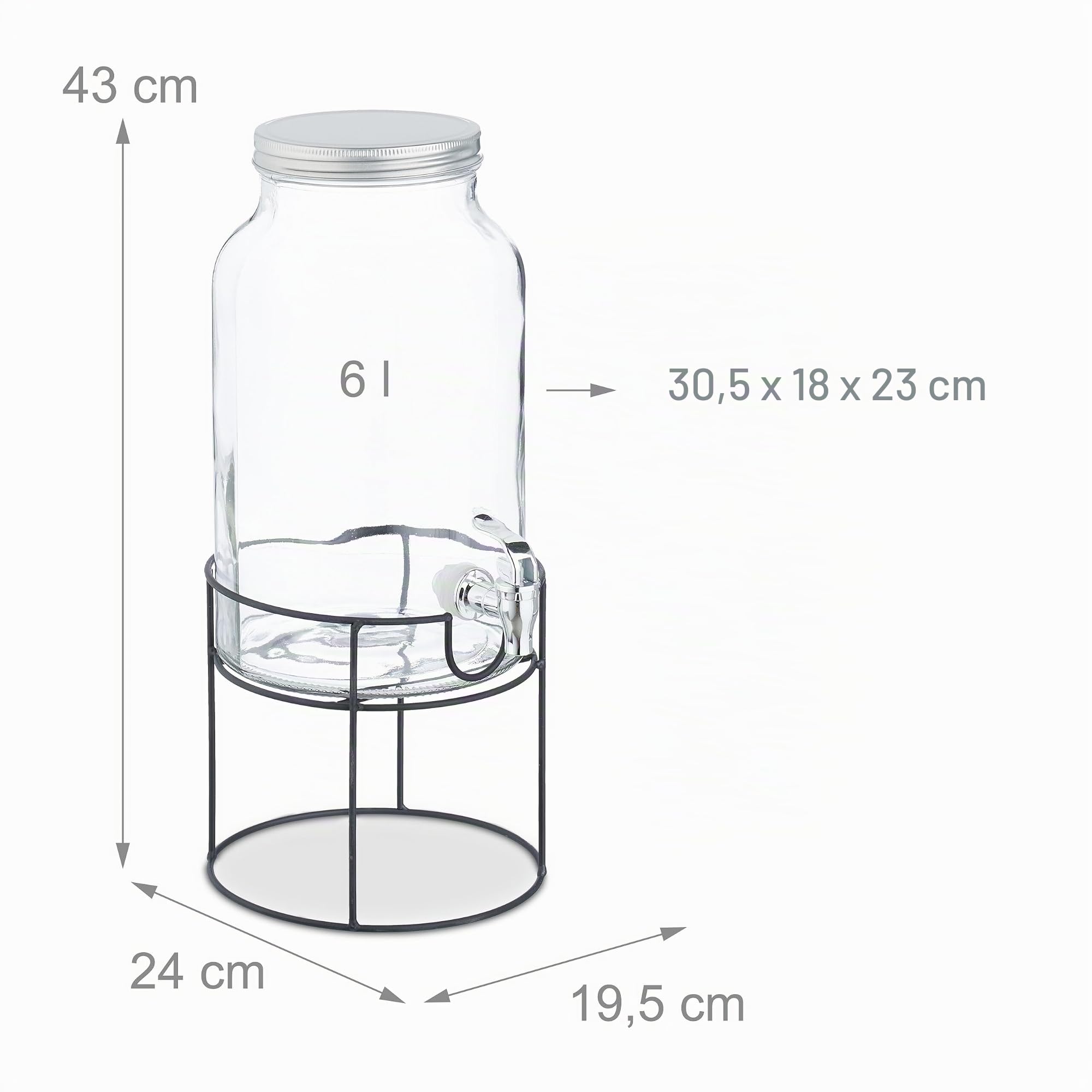 Relaxdays Dispensador de Bebidas con Soporte, Grifo y Tapa, Cristal, Surtidor de Agua y Limonada, 6 L, Transparente