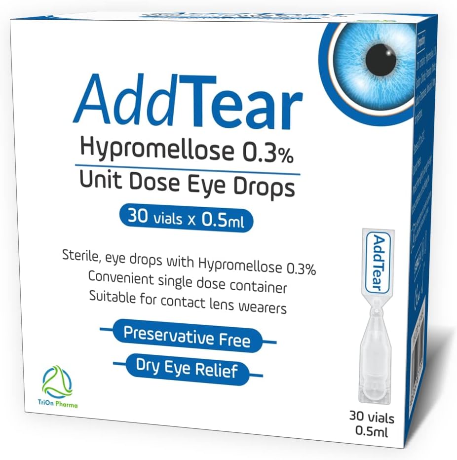 Sterile and Preservative Free Eye Drops for Dry Eyes, Hypromellose 0.3% Unit Dose Eye Drops, Suitable for Contact Lens wearers (30 vials X 0.5 ml)