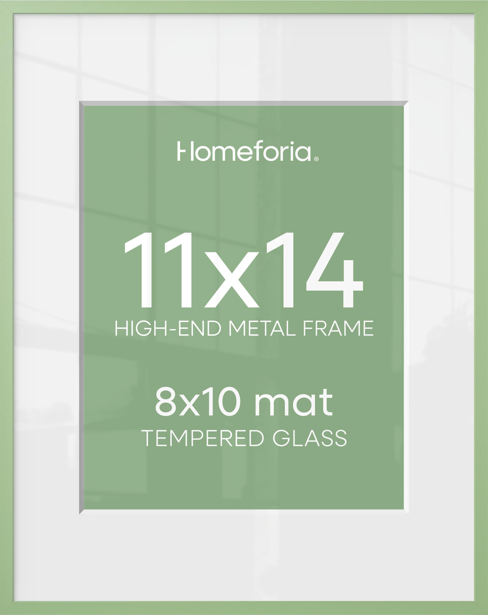 Homeforia 11x14 Green Picture Frame, High-End Metal, 8x10 Mat, Glass | High End Aluminum, Tempered Glass, Acid-Free 8x10 Removable Mat, 11x14 in Edge-to-Edge Display 14x11, Wall Kit, Set Of 1