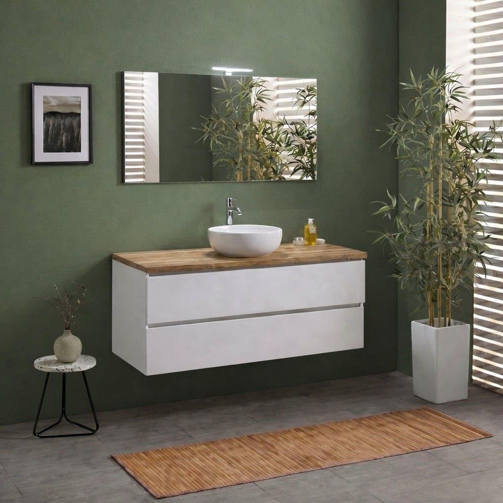 Kiamami Valentina - Mobile bagno sospeso 120cm con doppio cassetto, top rovere, specchio e lampada moderna