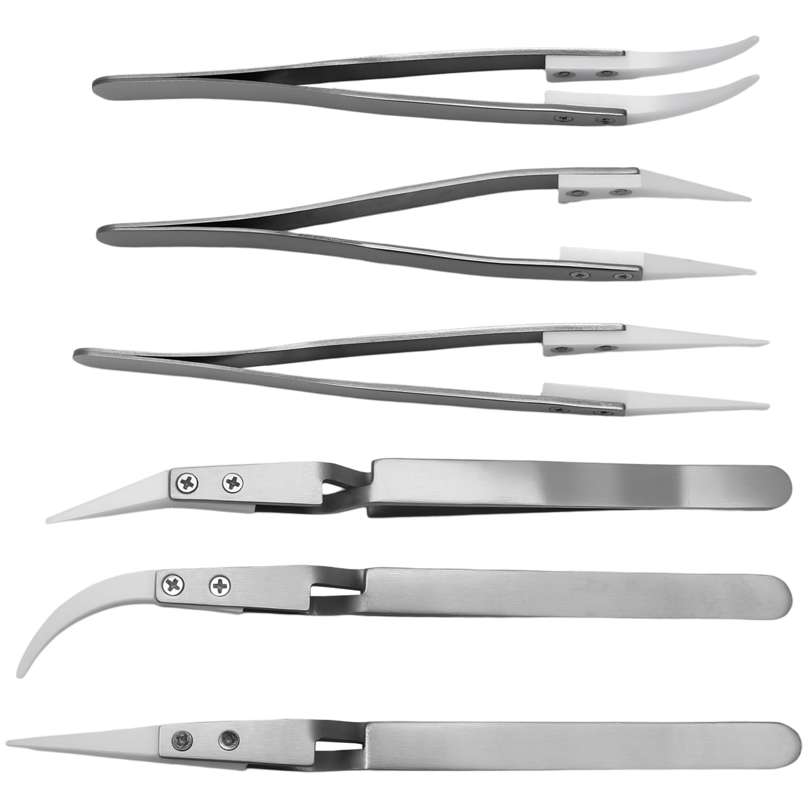 Set di 6 pinzette di precisione inversa in ceramica, non conduttive, pinzette antimagnetiche con punte curve, resistenti al calore, per saldare/pizzicare bobine (argento)