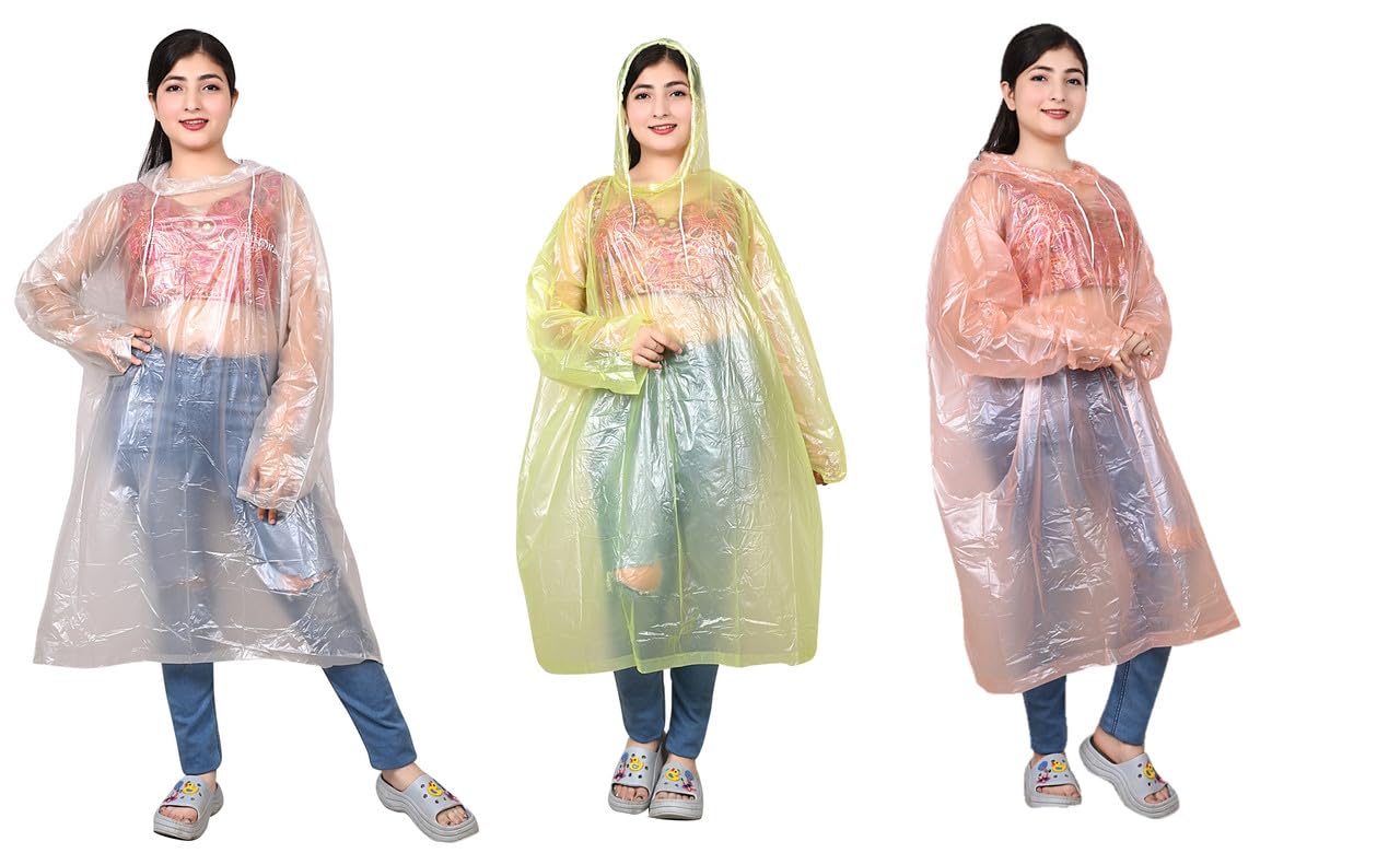 fio fashionio FabNext - PVC Transparent Water Proof Reusable Poncho/Raincoat/Rainwear with Hoodie & Travel Pouch (Multicolor, Free Size) - Pack of 3-picture-49