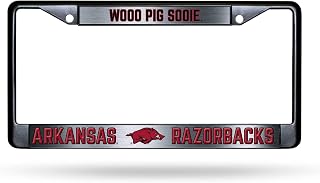 University of Arkansas Woo Pig Sooie NCAA SEC Premium Zinc Alloy License Plate Frame- 2 Screw Hole Tag Holder- Team Cheer with Black Background and Team Colors Complement Any Color Truck SUV Car