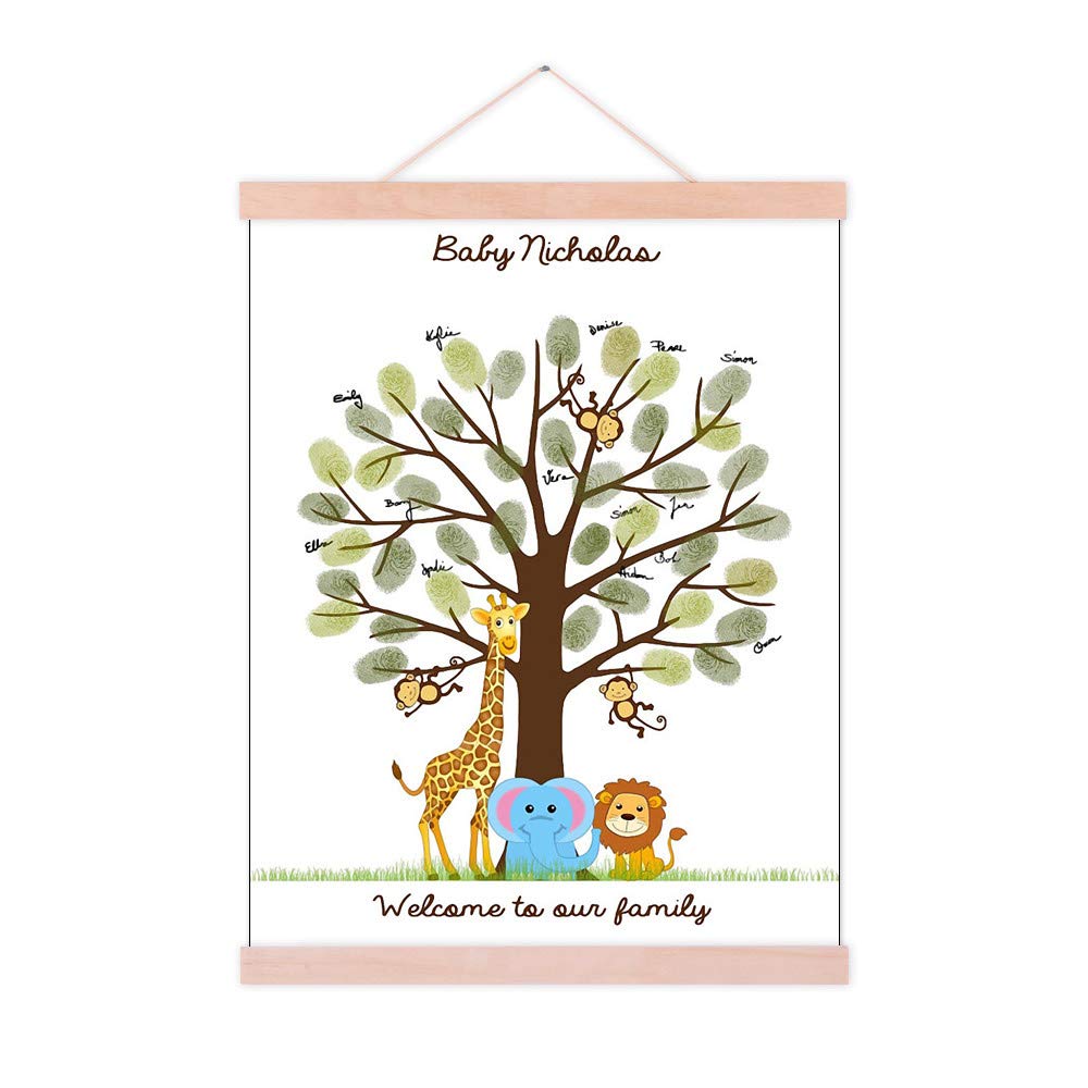 Personalized Fingerprint Tree Guest Book for Boy Baby Shower Lovely Elephant Lion Canvas Painting with Wooden Hanger DIY Signature Sign in Book Communion Gift-40x60cm