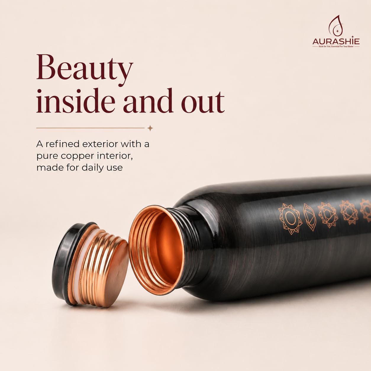 Pure Copper Water Bottle - 1L with Chakra Design -4