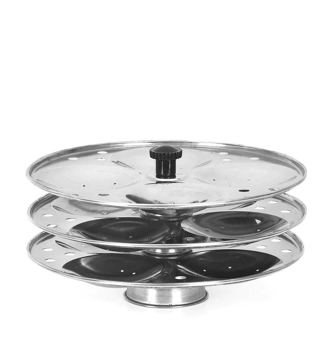 Dharam Paul Traders Idli Stand,12 idlis at a time, 4 idly Cavities in 1 Plate, Metallic. Stainless Steel (3 Plate)