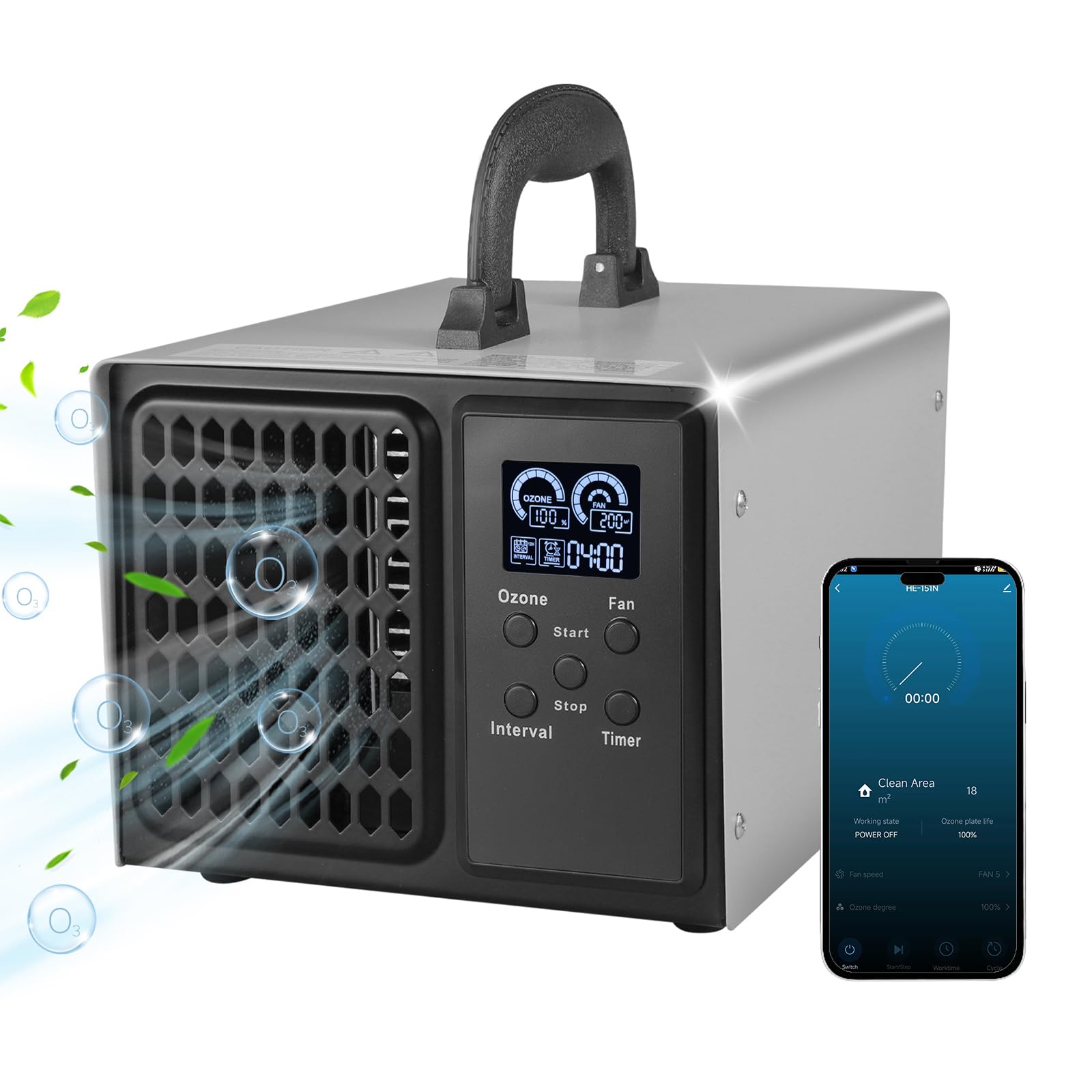 Ozongenerator mit WLAN-Steuerung 10000mg/h Industriell Tragbar Ozonmaschine 12h Timer 5 Stufen Lüftergeschwindigkeit