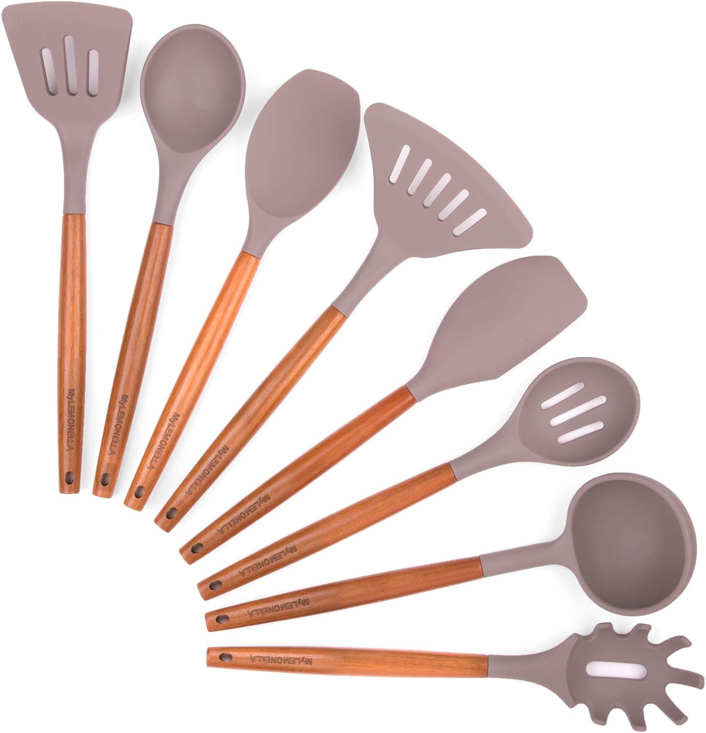 Silicone Kitchen Utensil Set with Wooden Handles, No-Fuss Cooking, Heat Resistant, Food Safe Quality Cooking Utensils, Durable Long Lasting, Attractive 8 PC Spoon, Server, Spatula Set