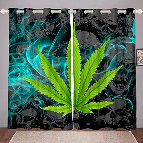 feelingyou Cortinas para ventana con diseño de hoja de cannabi, 137 x 117 cm, diseño de cráneo gótico, para niños, niñas, con estampado misterioso, humo azul, juego de 2 cortinas para ventana