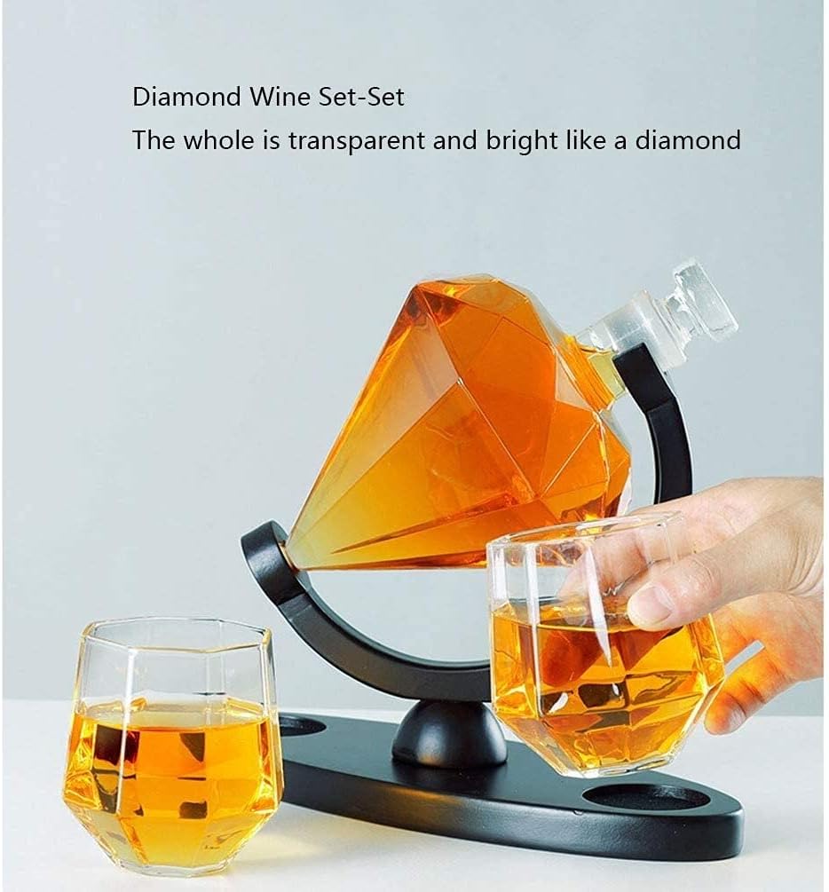 Diamond Whiskey Decanter with 4 Glasses and Wooden Base Whisky Decanter Whiskey Gift Set Scotch Rum Bourbon Vodka Whiskey Decanter and Glass Set Liquor Decanters