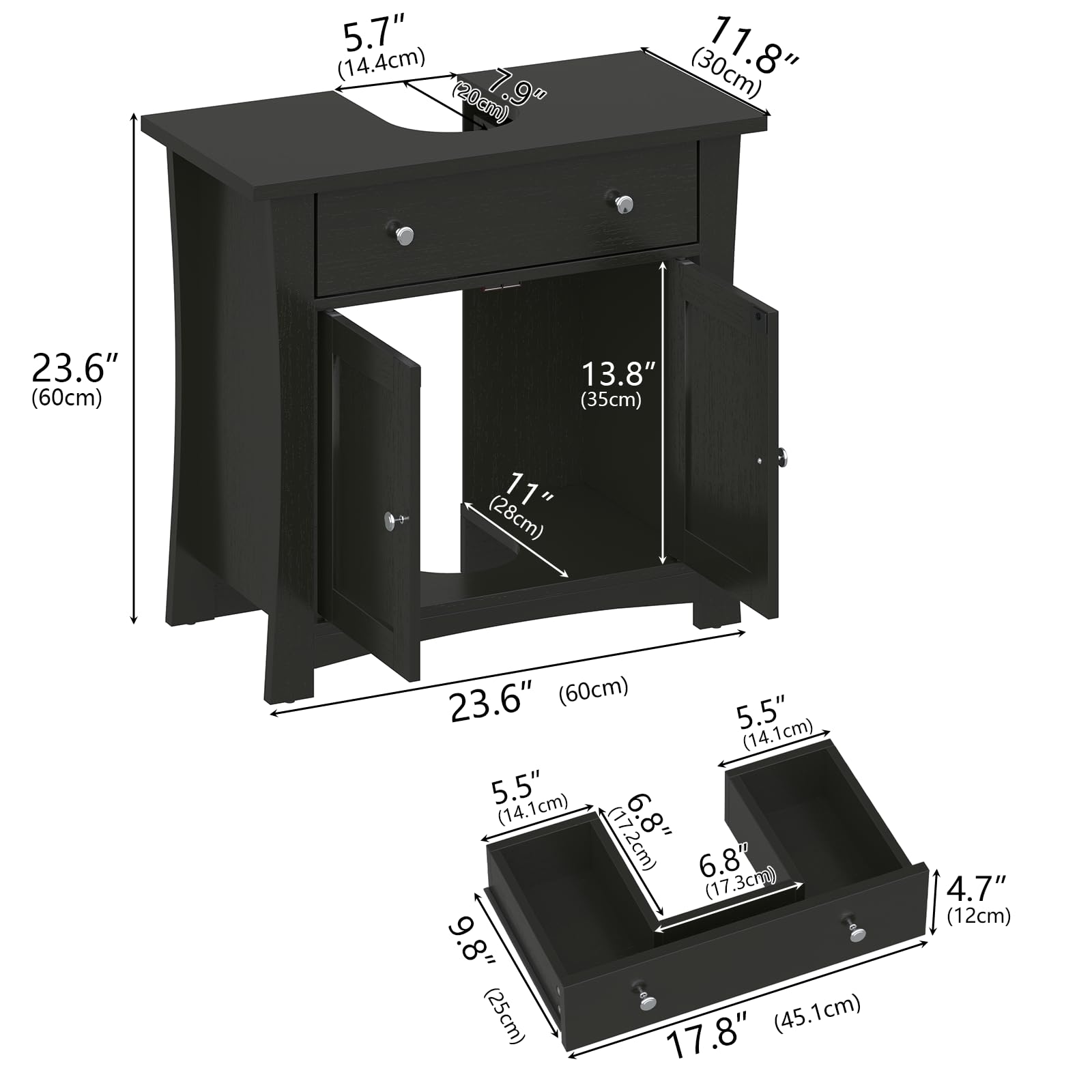 Gyfimoie Waschbeckenunterschrank, Badezimmerschrank mit Schubladen, Badezimmer Unterschrank mit 2 Türen, Badschrank 60 x 30 x 60 cm, Waschbeckenunterschrank mit Füßen