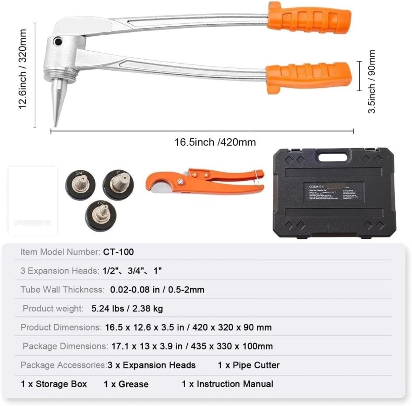 Exhaust Pipe Expander, Pex Tube Expander 1/2 3/4 1 Inch OD Manual Lever Tool with 3 Expansion Heads Pipe Cutter