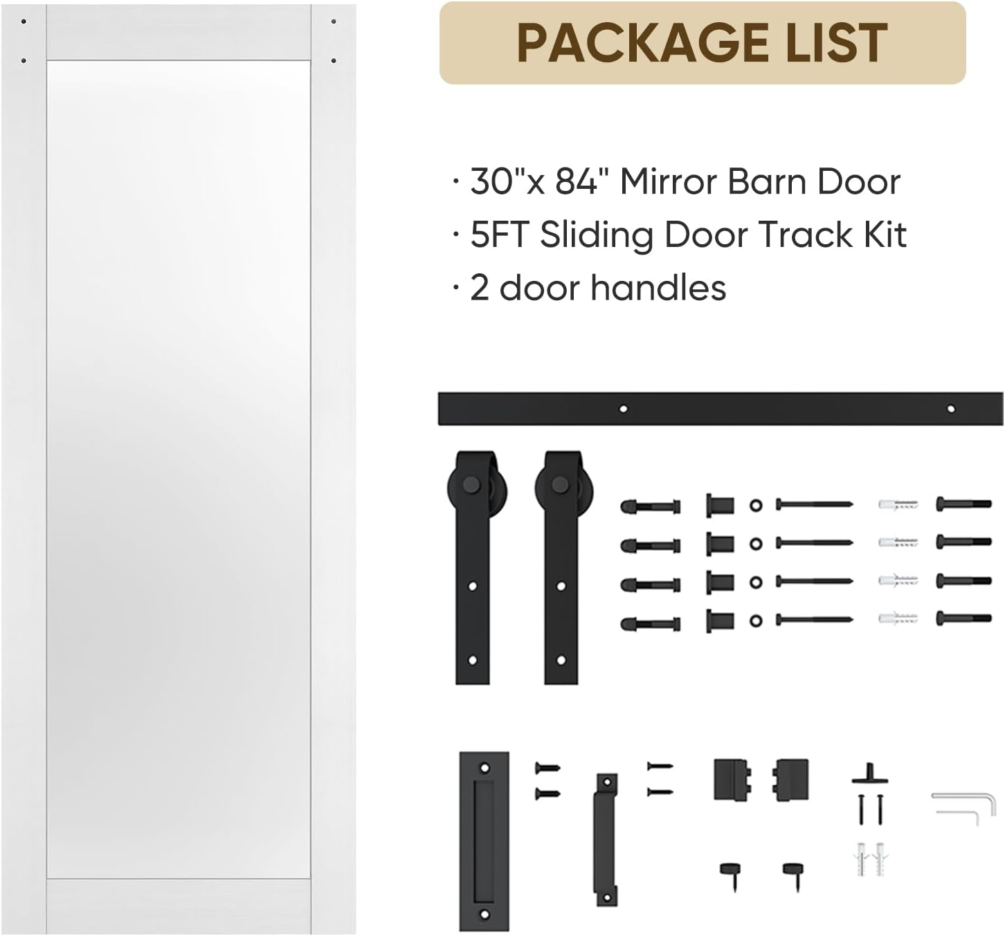 BARNSMITH 30in x 84in Mirror Barn Door with 5FT Sliding Door Hardware Kit Included, 1 Lites Full Length, Solid Wood Water-Proof PVC Surface,No Assembly Required,White